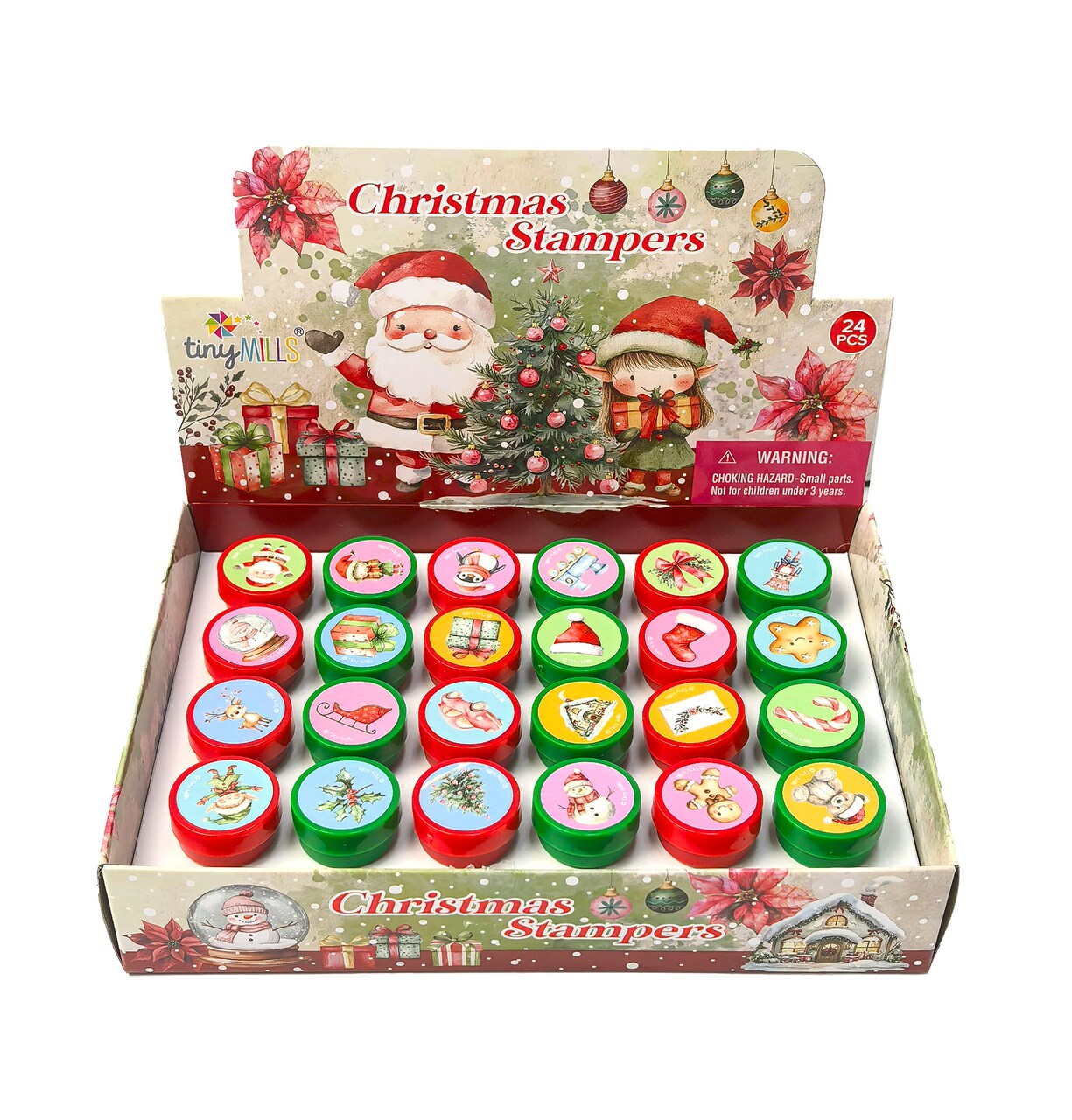 TINYMILLS Rustic Christmas Stampers 24 Pack – Cute Vintage Self-Inking Stampers with Holiday Designs, Santa & Snowman Themes, Fun Christmas Party Favors, Classroom Rewards, Stocking Stuffers